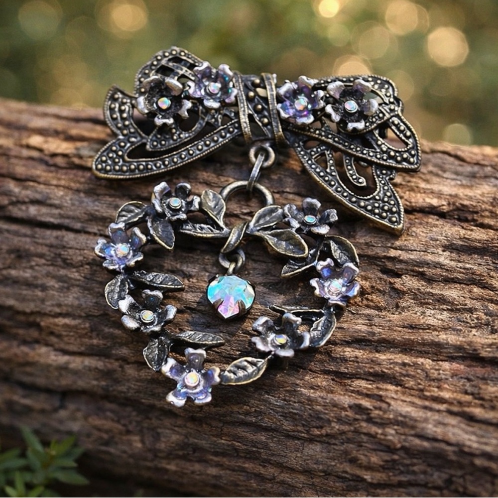 Vintage Bow Heart Brooch Floral Rhinestone Cottagecore Romantic Pin